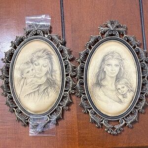 Satin Framed Picture Mother Child Giuseppe Tarantino Brass Oval SET Italy